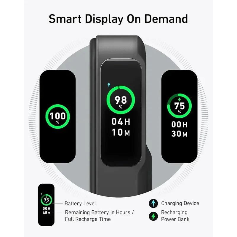 Close-up of a black power bank with smart display showing battery level and charging status on a gray background