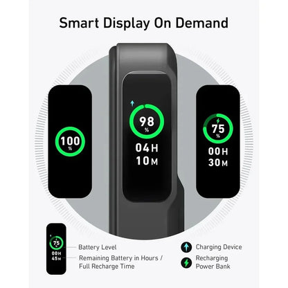 Close-up of a black power bank with smart display showing battery level and charging status on a gray background
