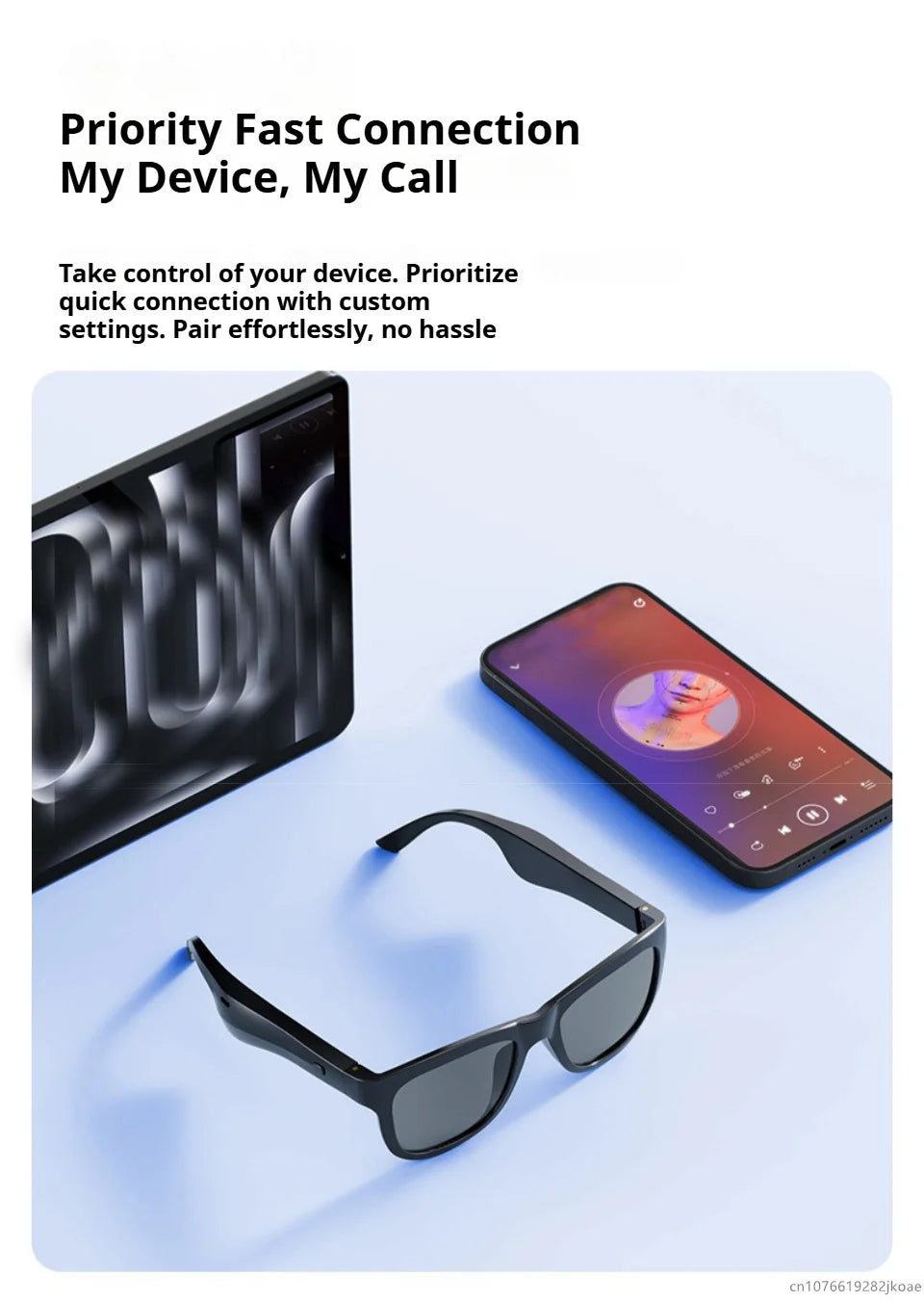 Black smart sunglasses with Bluetooth connected to smartphone displaying music player on light blue surface