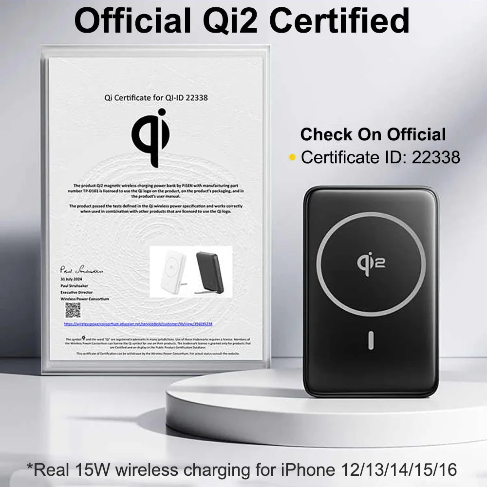 Official Qi2 certification certificate next to a black wireless magnetic charger with Qi2 logo on a white surface