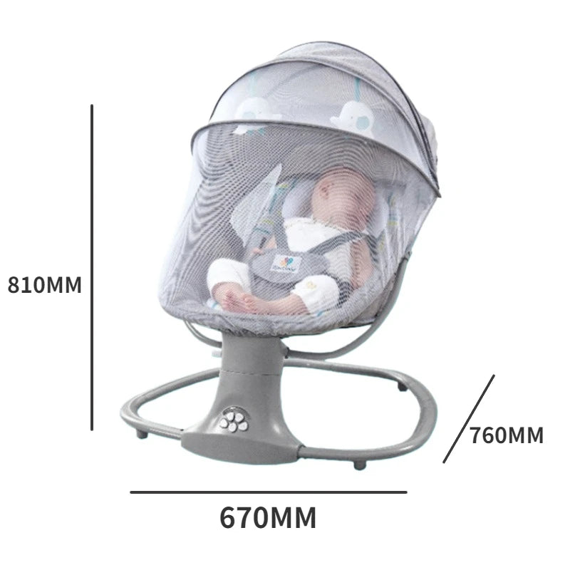 Baby lying in gray electric rocking chair with mesh cover and adjustable canopy on white background