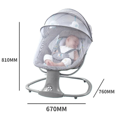 Baby lying in gray electric rocking chair with mesh cover and adjustable canopy on white background