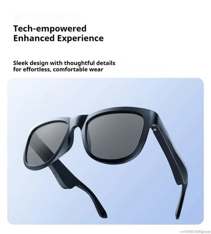 Black smart sunglasses with sleek frame and integrated earbuds shown against a light blue background