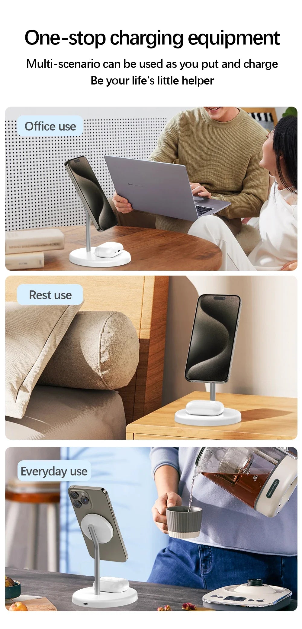 Wireless magnetic charger stand holding iPhone and AirPods shown in office, home, and everyday settings