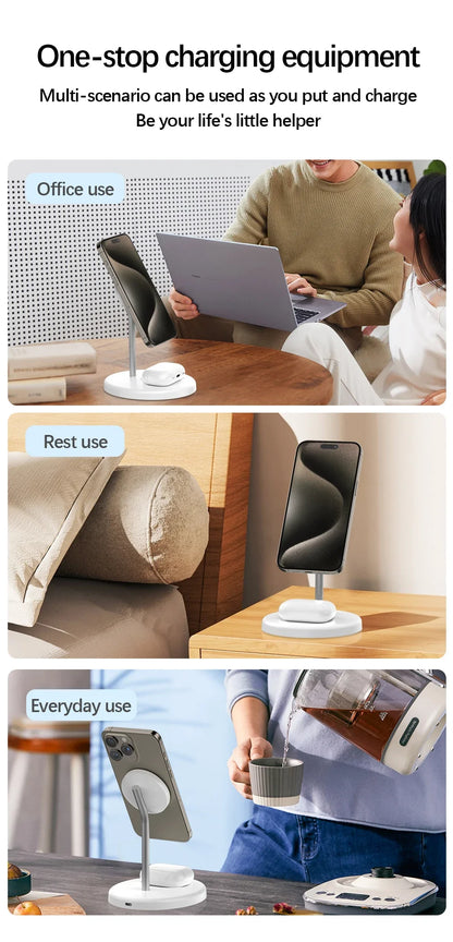 Wireless magnetic charger stand holding iPhone and AirPods shown in office, home, and everyday settings