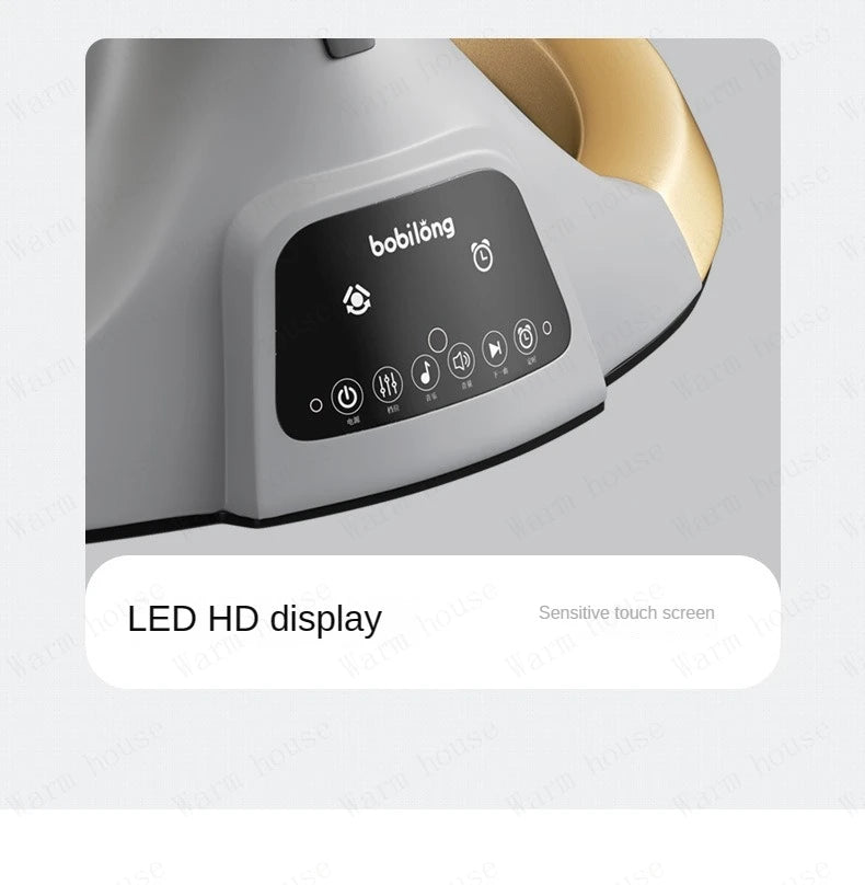 Close-up of gray and gold baby rocker control panel with LED touchscreen and various function icons