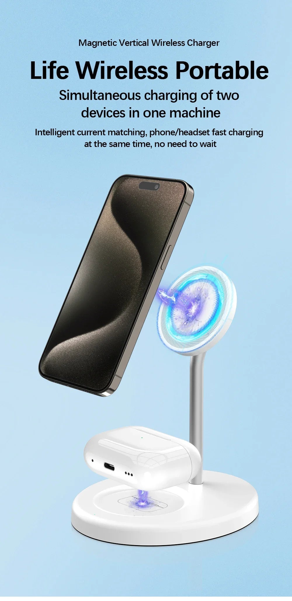 White magnetic 2-in-1 wireless charger stand charging smartphone and wireless earbuds on a blue background