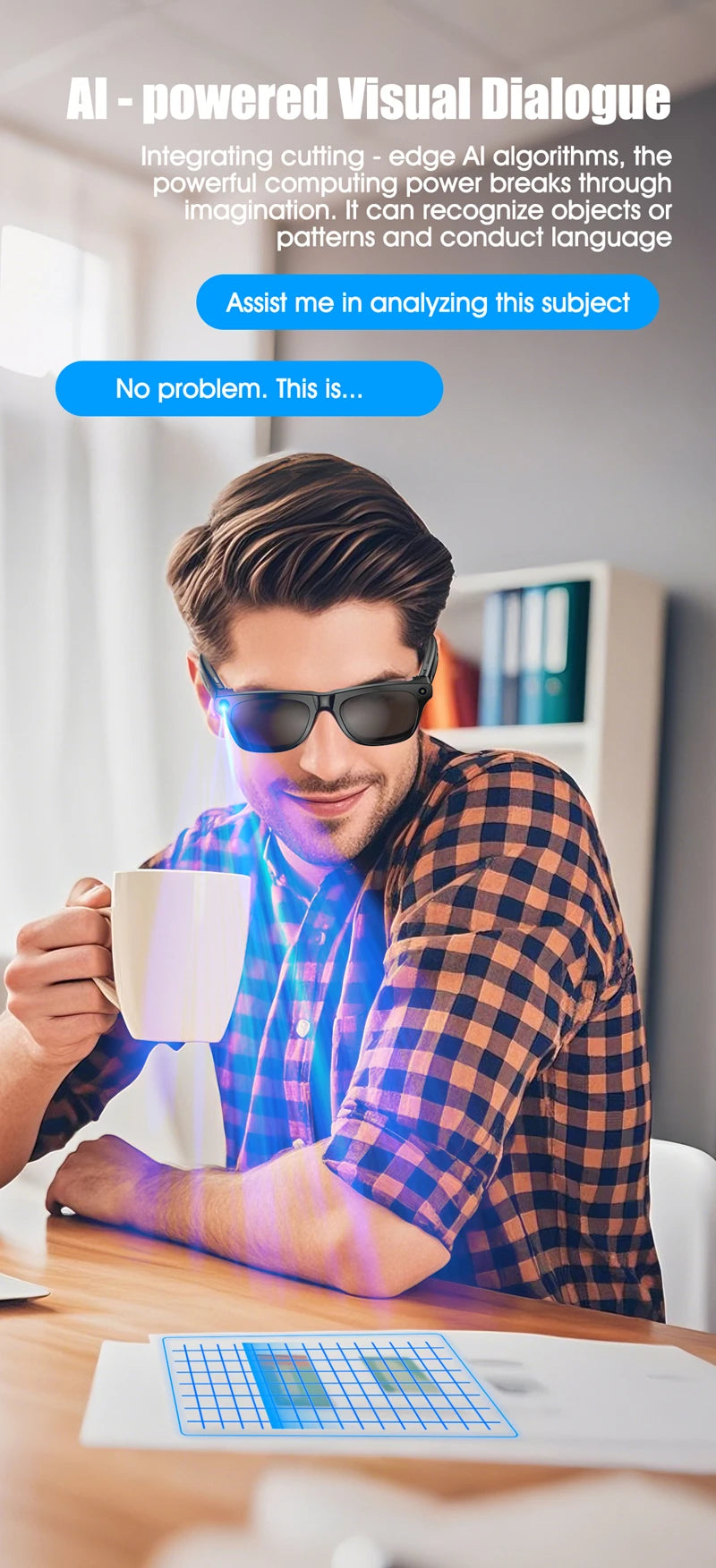 Man wearing smart AI glasses holding a white mug sitting at a desk with virtual data display in a bright office
