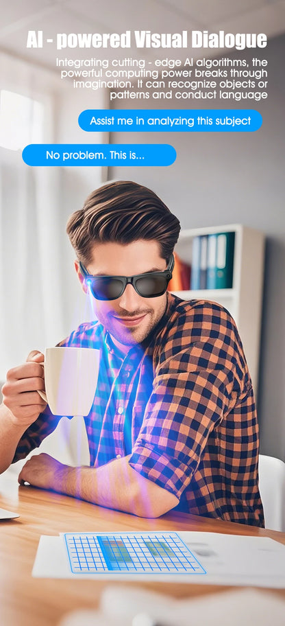 Man wearing smart AI glasses holding a white mug sitting at a desk with virtual data display in a bright office