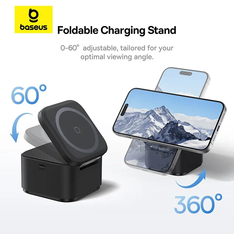 Black foldable magnetic wireless charger stand with adjustable 0-60° angle and 360° rotation holding an iPhone displaying a mountain wallpaper