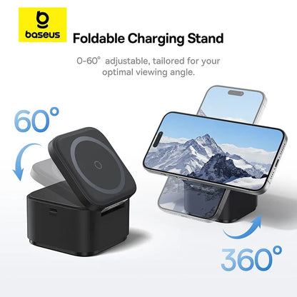 Black foldable magnetic wireless charger stand with adjustable 0-60° angle and 360° rotation holding an iPhone displaying a mountain wallpaper