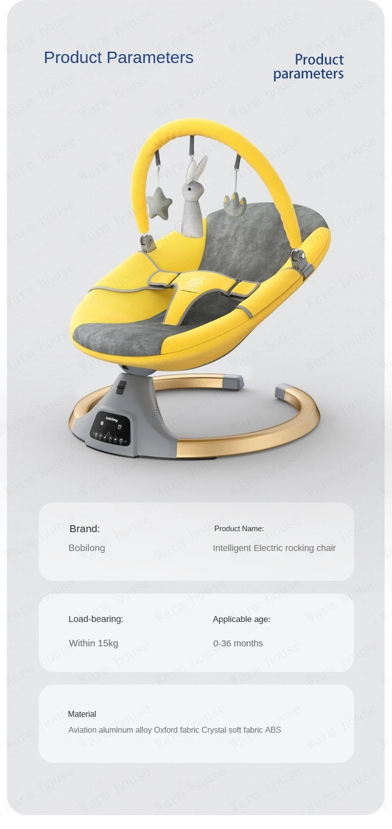 Yellow and gray electric baby rocking chair with hanging toys and control panel on a modern gold and gray base