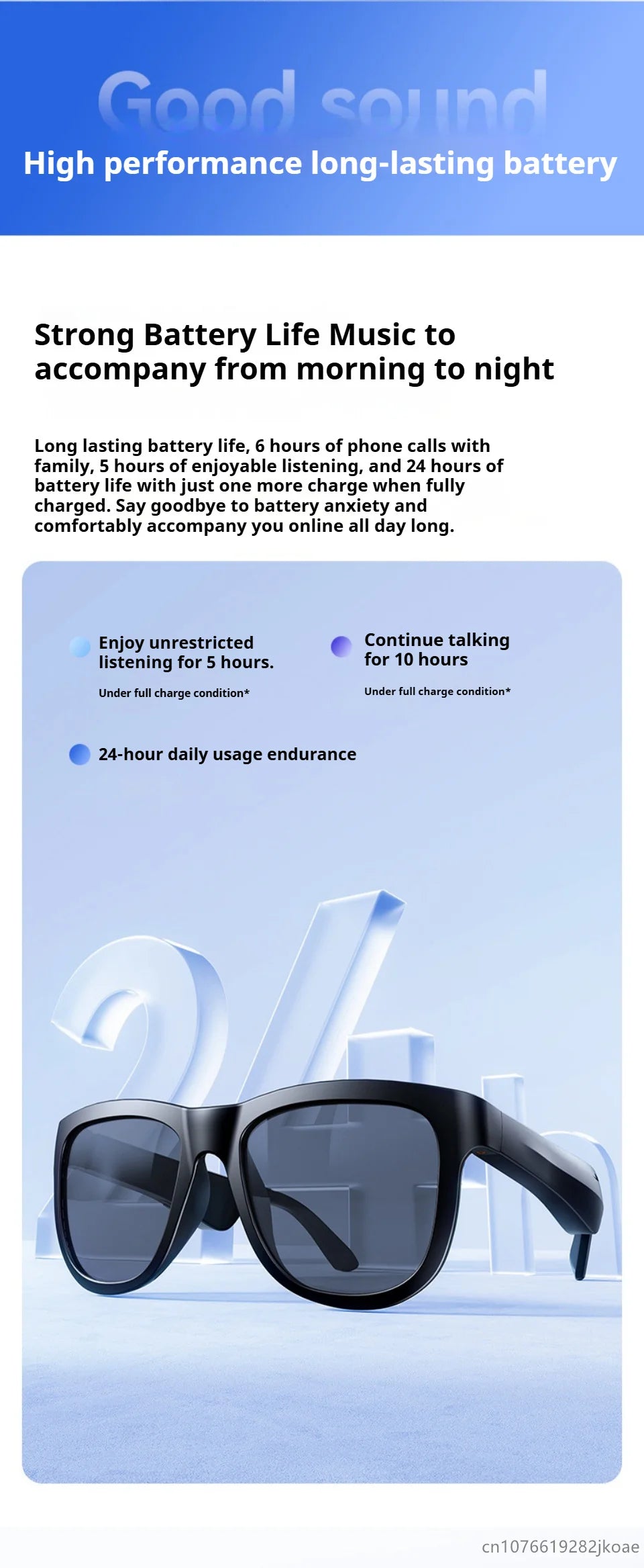 Black smart sunglasses with built-in wireless earbuds shown against a light blue background with battery life details above