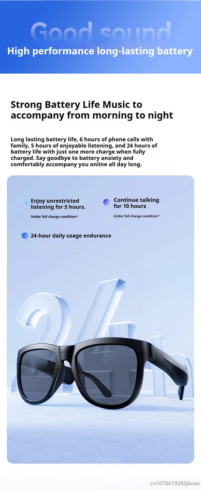 Black smart sunglasses with built-in wireless earbuds shown against a light blue background with battery life details above