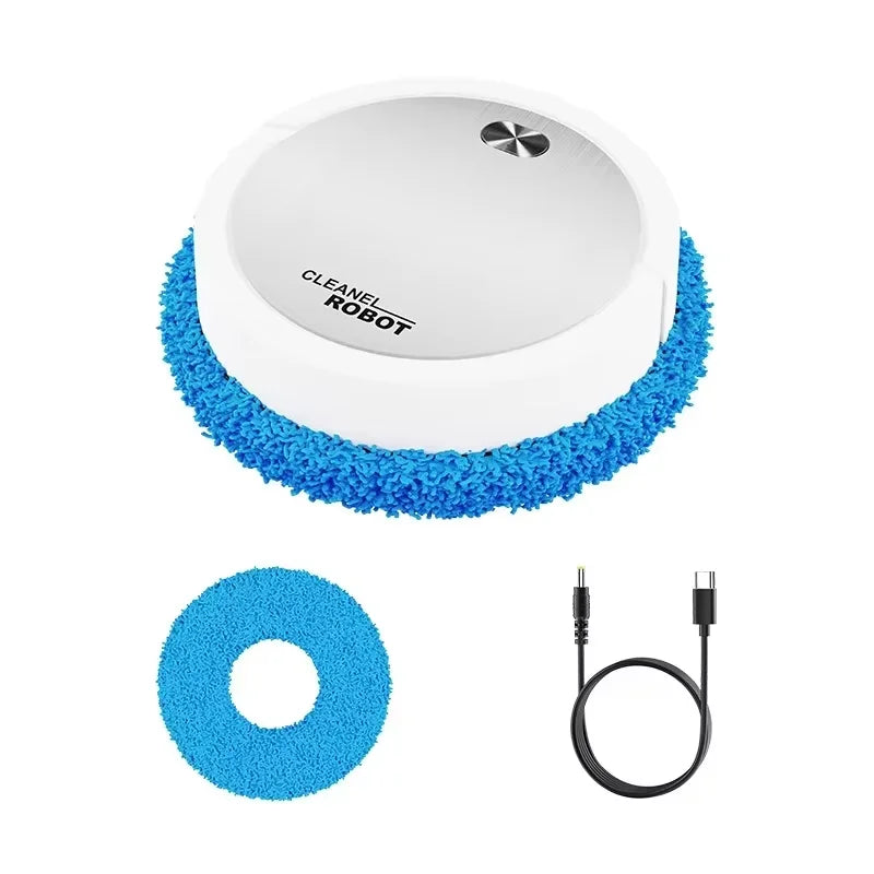 White and blue automatic cleaning robot with microfiber pad, extra blue pad, and USB charging cable on white background