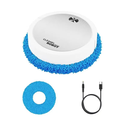 White and blue automatic cleaning robot with microfiber pad, extra blue pad, and USB charging cable on white background