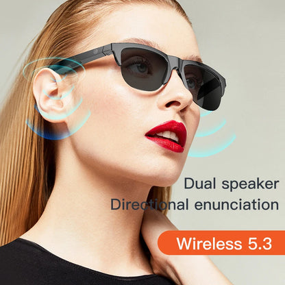 Woman wearing black Bluetooth 5.3 wireless sunglasses with dual speaker audio and directional sound effects