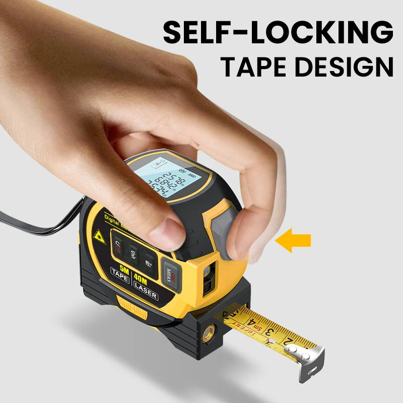 Digital 3-in-1 laser measuring tape with self-locking design and yellow steel tape in hand on white background