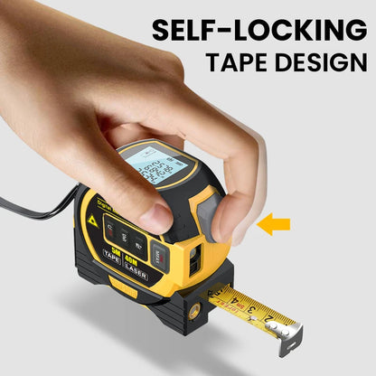 Digital 3-in-1 laser measuring tape with self-locking design and yellow steel tape in hand on white background