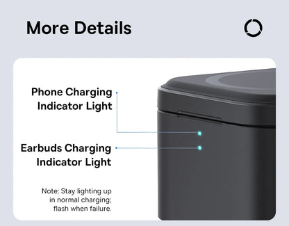 Close-up of black Baseus wireless charger with phone and earbuds charging indicator lights labeled