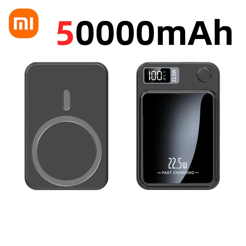 Black Xiaomi 50000mAh portable power bank with digital display and wireless magnetic fast charging feature shown front and back