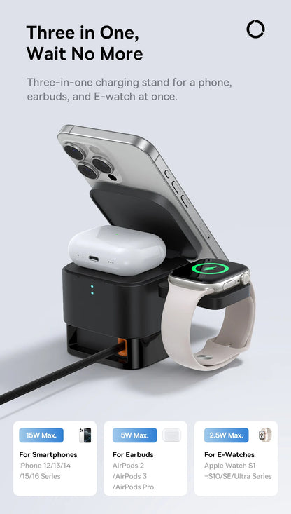 Black three-in-one wireless charging stand with phone, earbuds, and smartwatch on a light gray background