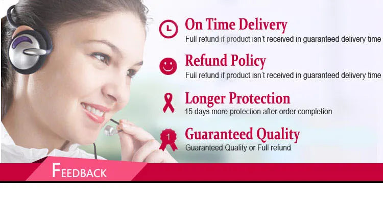 Customer service representative with headset promoting delivery, refund, protection, and quality guarantee policies.