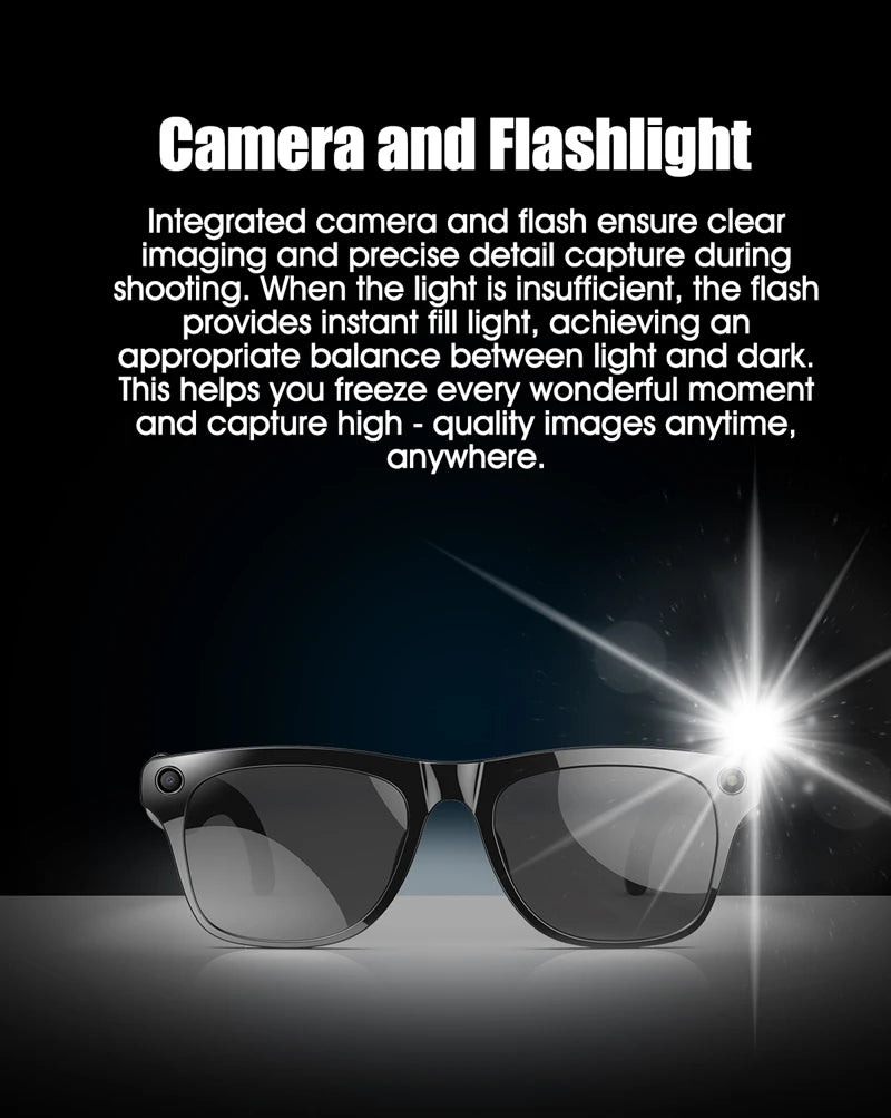 Smart glasses with integrated camera and flashlight for clear, high-quality image capture anytime, anywhere.