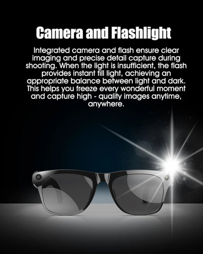 Smart glasses with integrated camera and flashlight for clear, high-quality image capture anytime, anywhere.