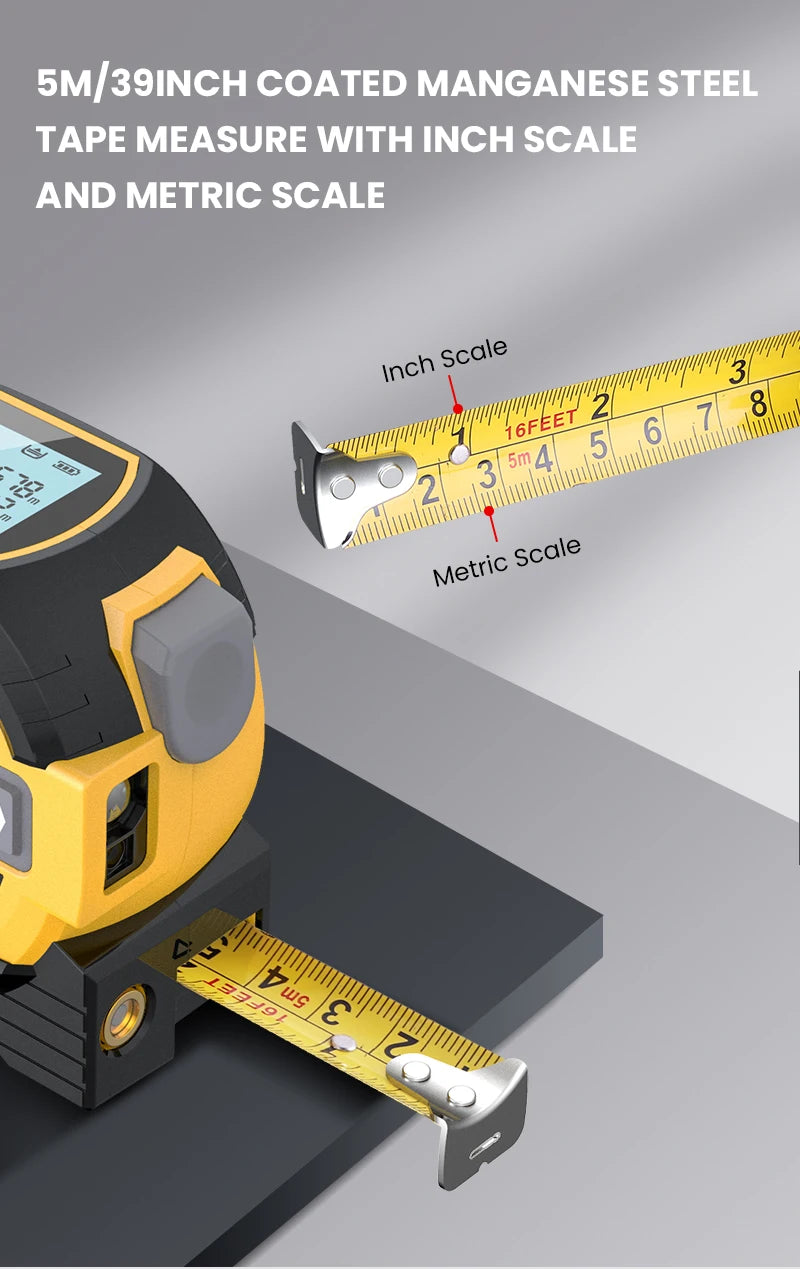 Digital 3-in-1 laser distance measurer with 5m coated manganese steel tape showing inch and metric scales