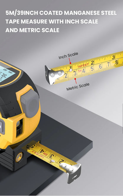 Digital 3-in-1 laser distance measurer with 5m coated manganese steel tape showing inch and metric scales
