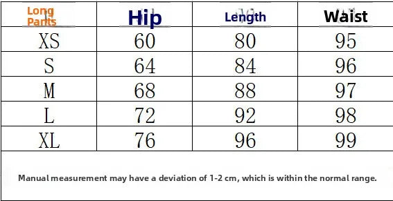 Size chart for women's long pants with hip, length, and waist measurements in centimeters from XS to XL