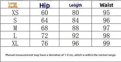 Size chart for women's long pants with hip, length, and waist measurements in centimeters from XS to XL
