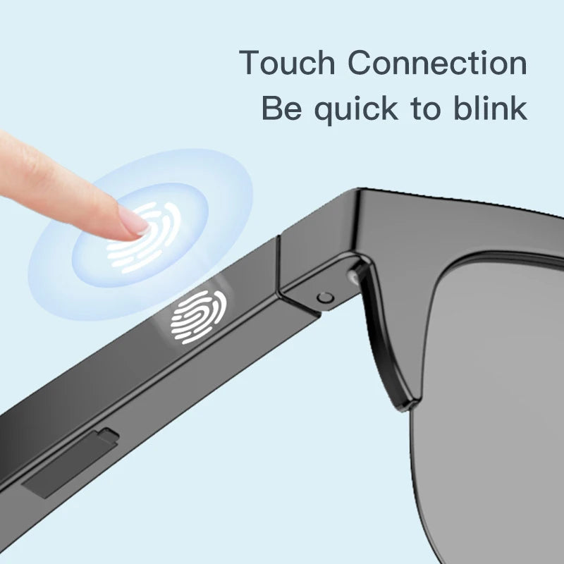 Close-up of black Bluetooth sunglasses arm with touch control icon and a finger about to tap it