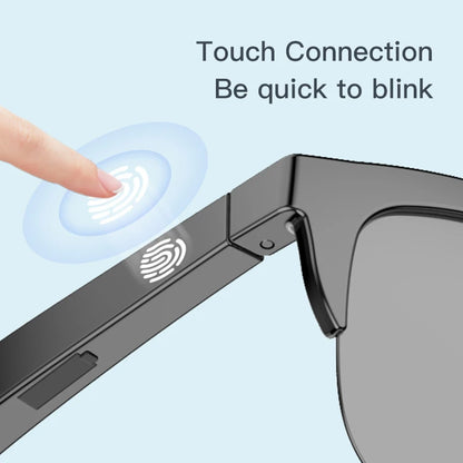 Close-up of black Bluetooth sunglasses arm with touch control icon and a finger about to tap it