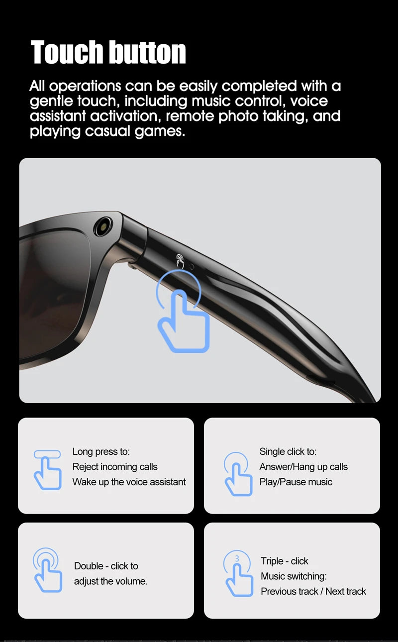 Close-up of black smart sunglasses arm showing touch button controls for calls, music, and voice assistant functions