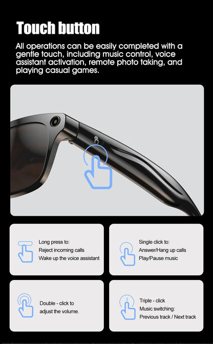 Close-up of black smart sunglasses arm showing touch button controls for calls, music, and voice assistant functions