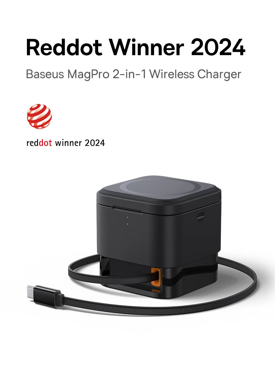 Black Baseus MagPro 2-in-1 wireless charger cube with attached USB-C cable on a white background