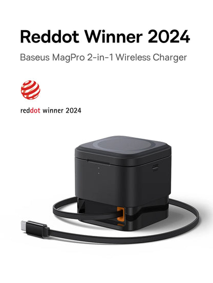 Black Baseus MagPro 2-in-1 wireless charger cube with attached USB-C cable on a white background