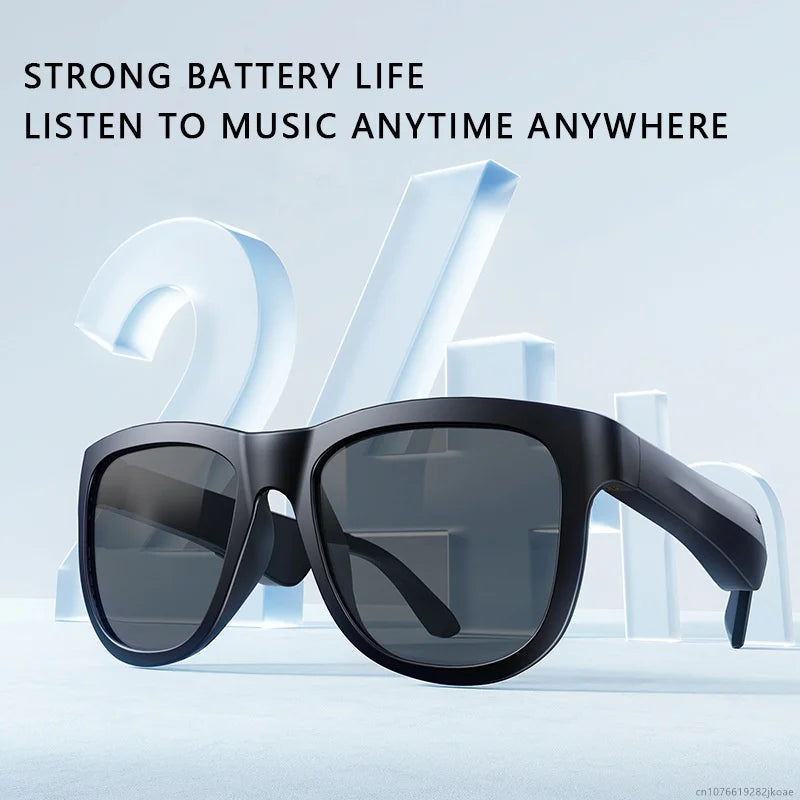 Black smart sunglasses with built-in headphones displayed against a light background with battery life text above