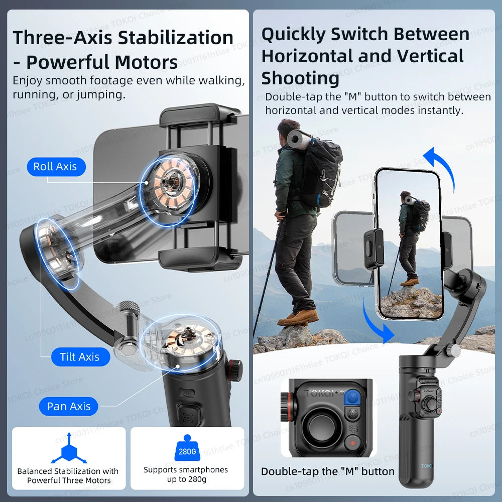 Portable three-axis smartphone gimbal showing roll, tilt, pan axes and remote control for horizontal or vertical shooting modes