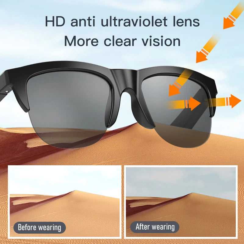 Black Bluetooth sunglasses with HD anti-ultraviolet lenses showing clearer vision before and after wearing them outdoors