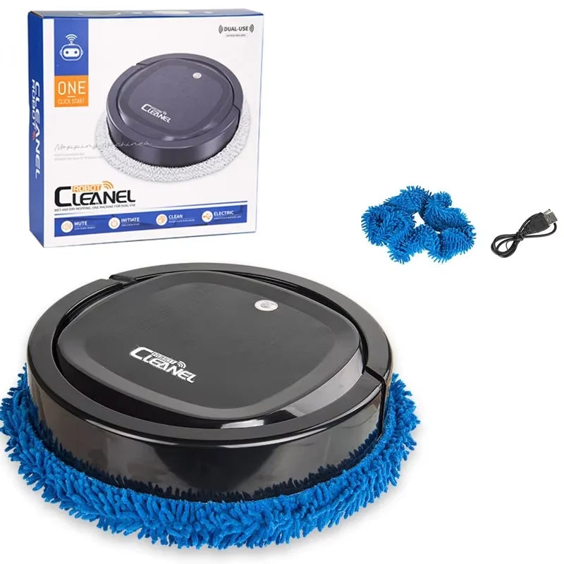Black automatic robot vacuum cleaner with blue microfiber mop pads, USB charging cable, and product packaging on white background