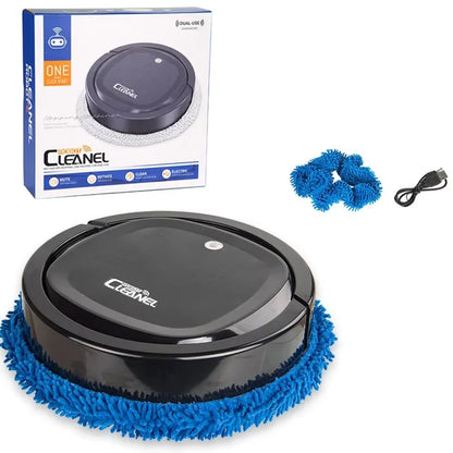 Black automatic robot vacuum cleaner with blue microfiber mop pads, USB charging cable, and product packaging on white background