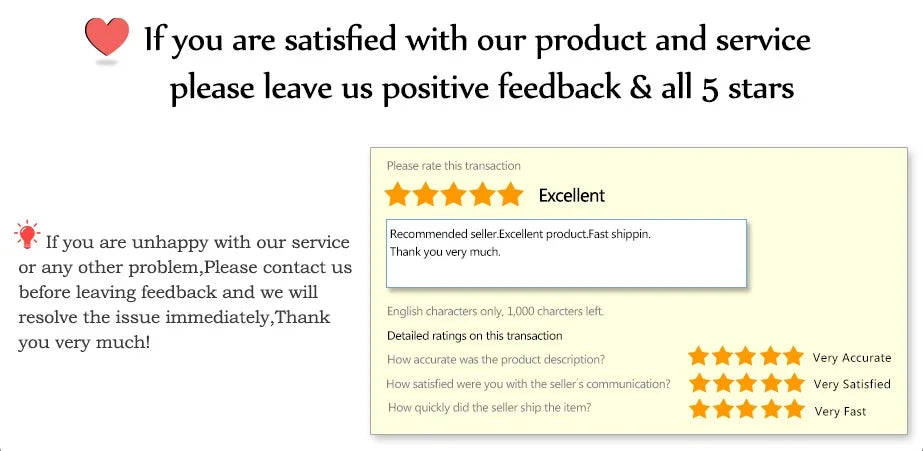 Customer review request with a five-star rating example and instructions for positive feedback and contact support if unhappy
