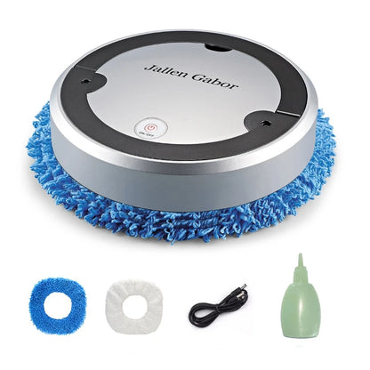 Silver and black automatic robot vacuum with blue cleaning pad and included white pad, charger cable, and cleaning brush bottle.