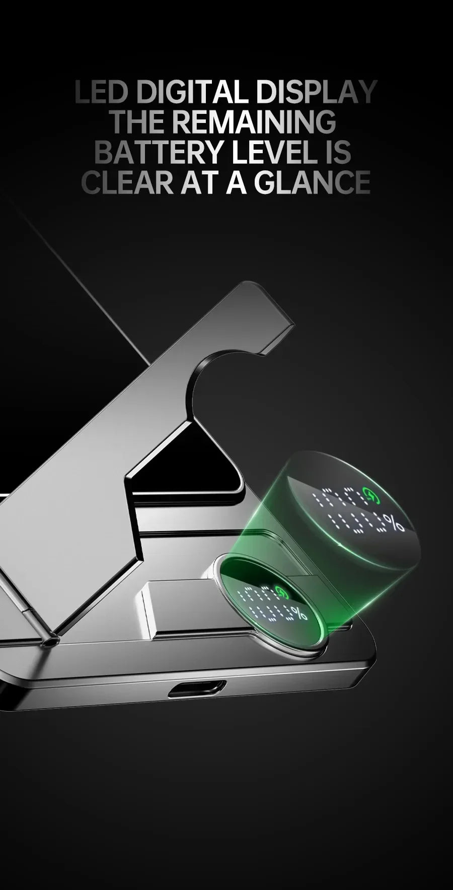 Close-up of power bank showing digital LED display indicating remaining battery percentage on black background