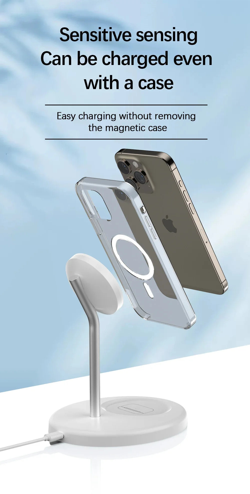 White magnetic wireless charger stand with iPhone and clear magnetic case floating above on a blue background