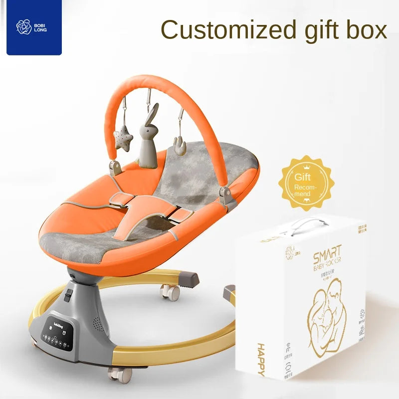 Orange and gray multifunctional electric baby rocker chair with toy bar and customized gift box on white background