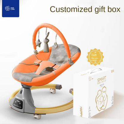 Orange and gray multifunctional electric baby rocker chair with toy bar and customized gift box on white background